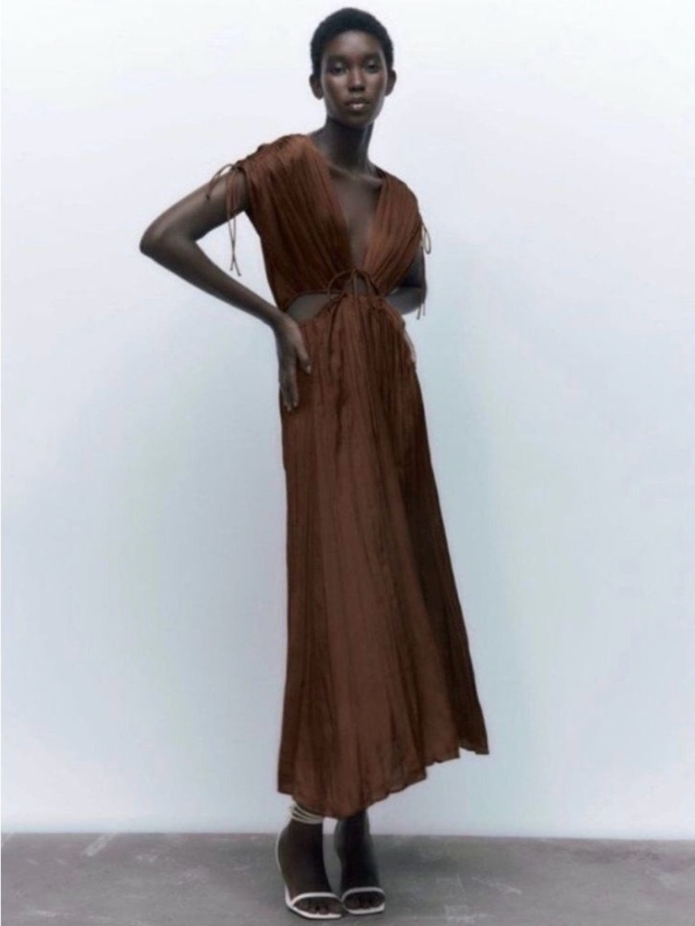 Zara Brand New w/Tags Brown Plunge Tie-Waist Satin Dress Size M